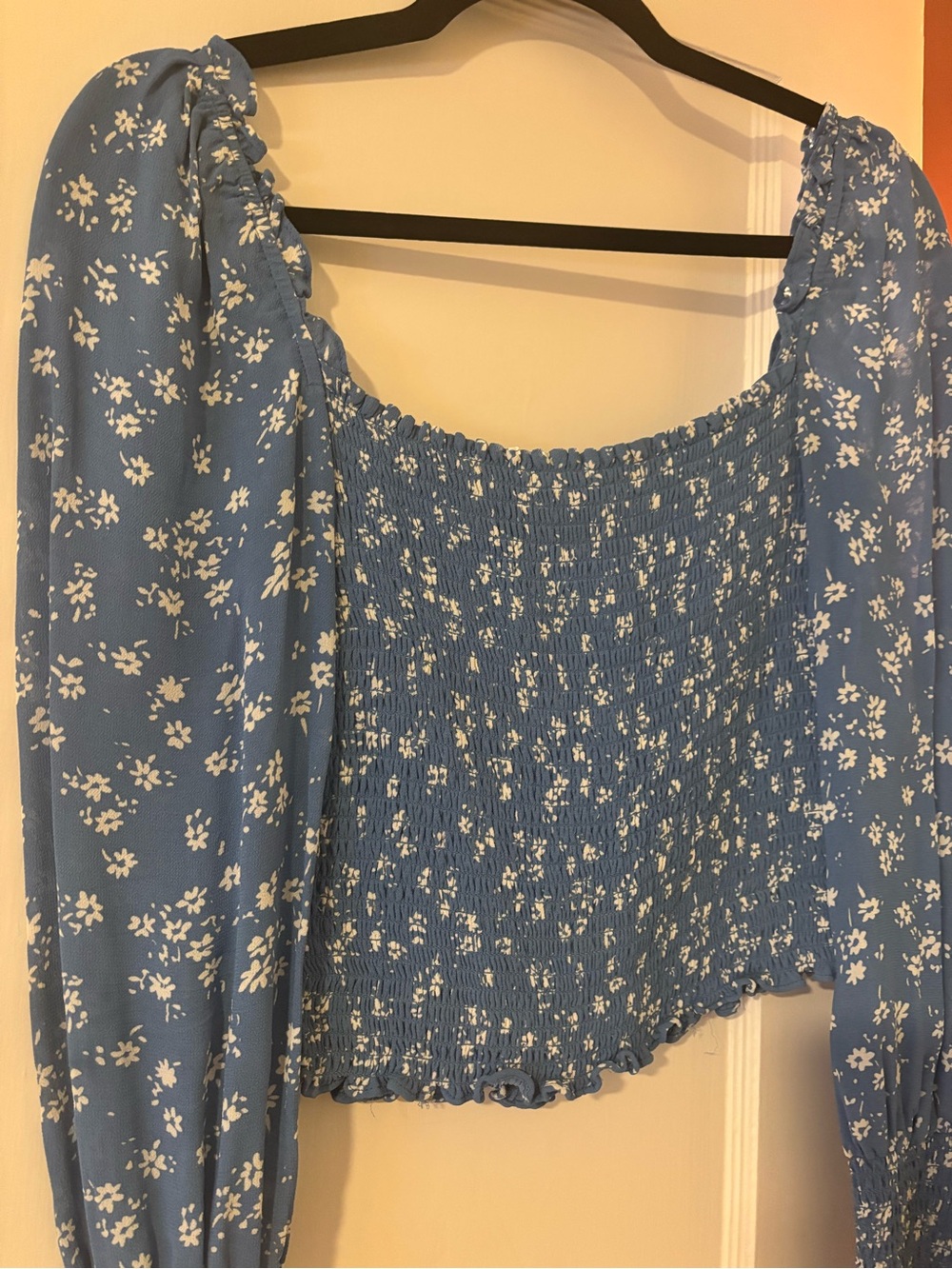 Reformation Light Blue Floral Smocked Puff-Sleeve Crop Top